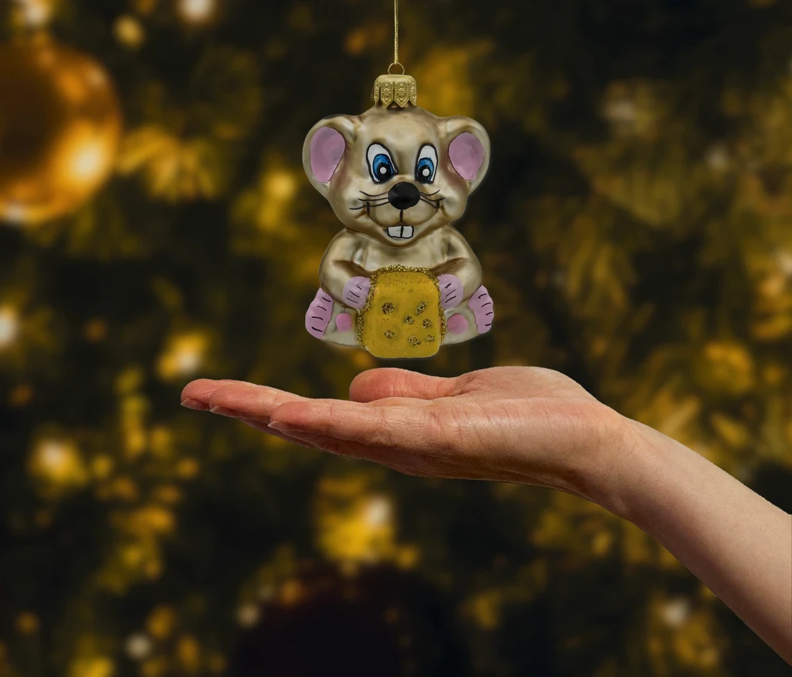 Bombka szklana figurka Mysz z kawałkiem sera: brązowa realne zdjęcie