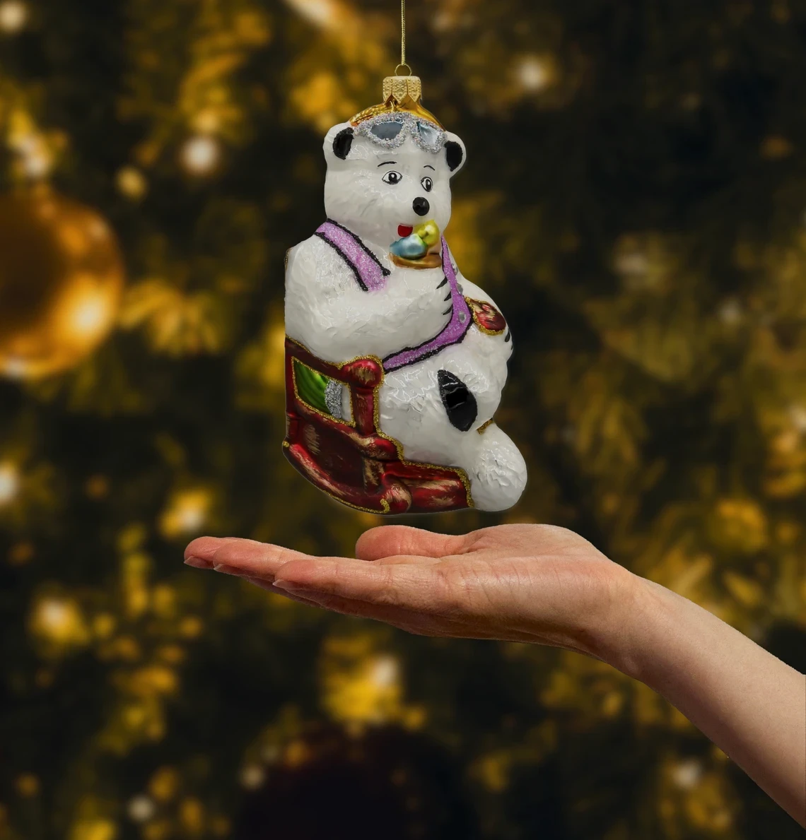 Bombka szklana figurka Niedźwiedź Polarny na wakacjach: biały realne zdjęcie
