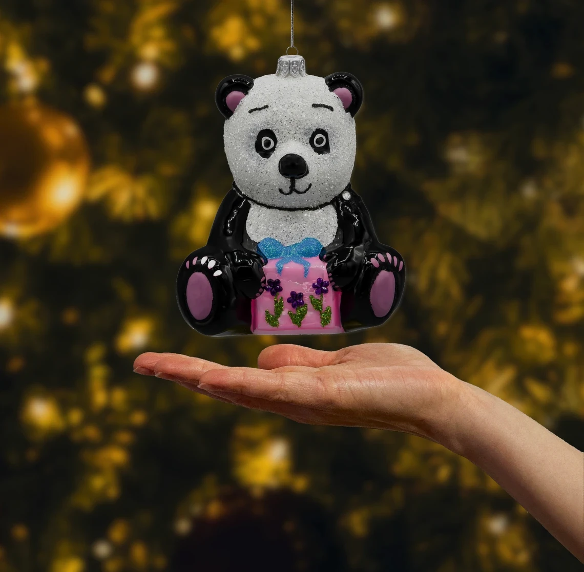 Bombka szklana figurka Panda z prezentem: duża realne zdjęcie