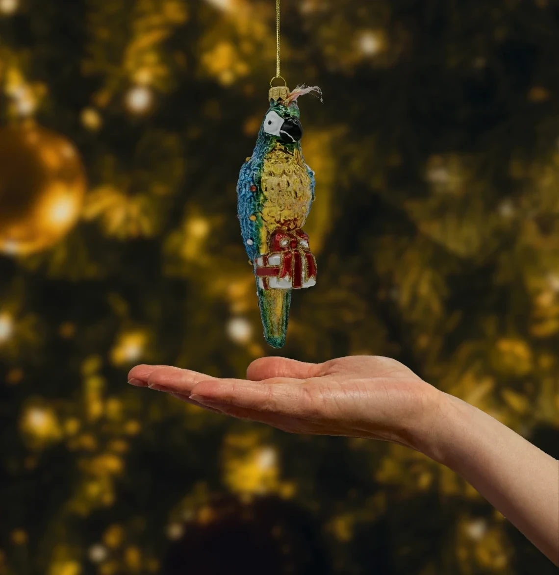 Bombka szklana figurka Papuga ara z prezentem realne zdjęcie
