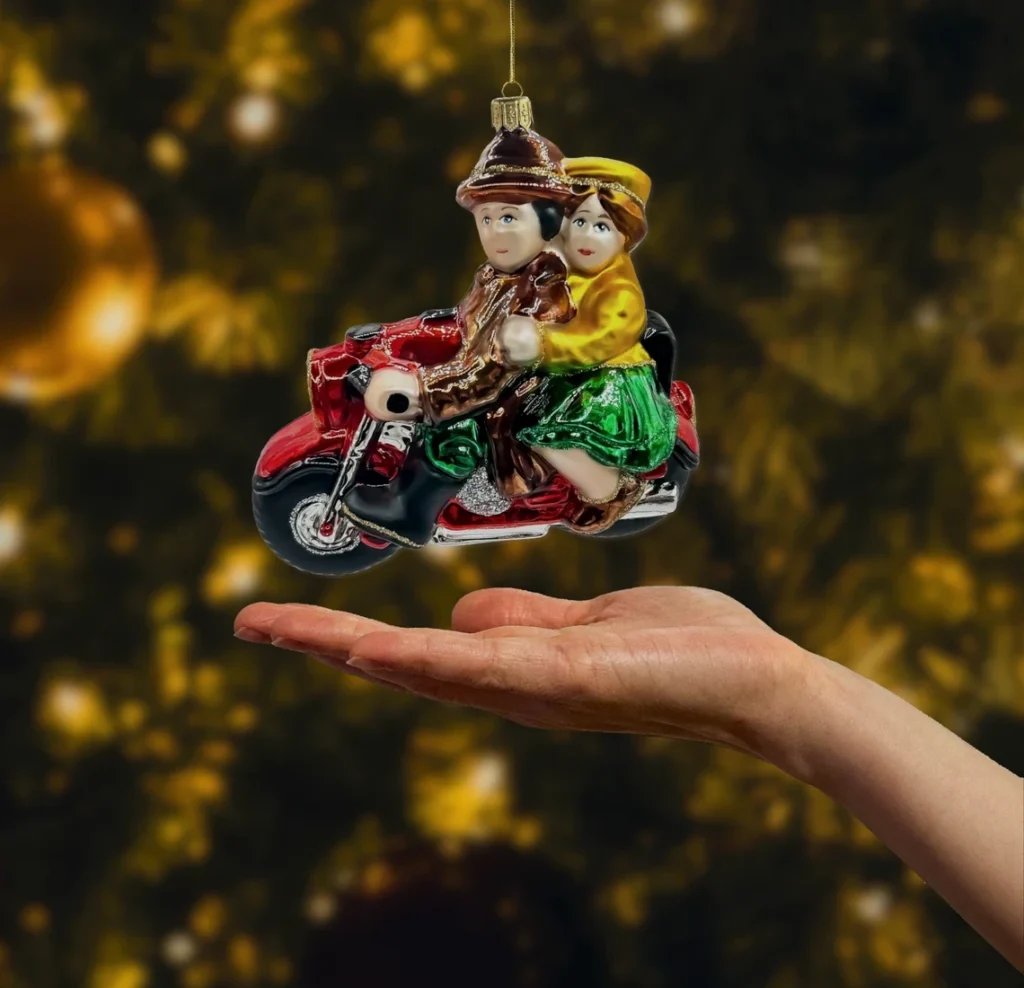 Bombka szklana figurka Para na motocyklu realne zdjęcie