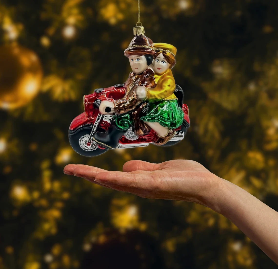 Bombka szklana figurka Para na motocyklu realne zdjęcie