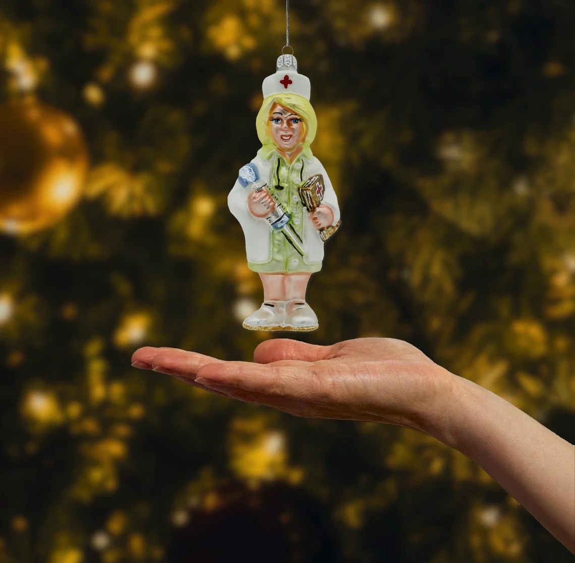Bombka szklana figurka Pielęgniarka w blond włosach realne zdjęcie