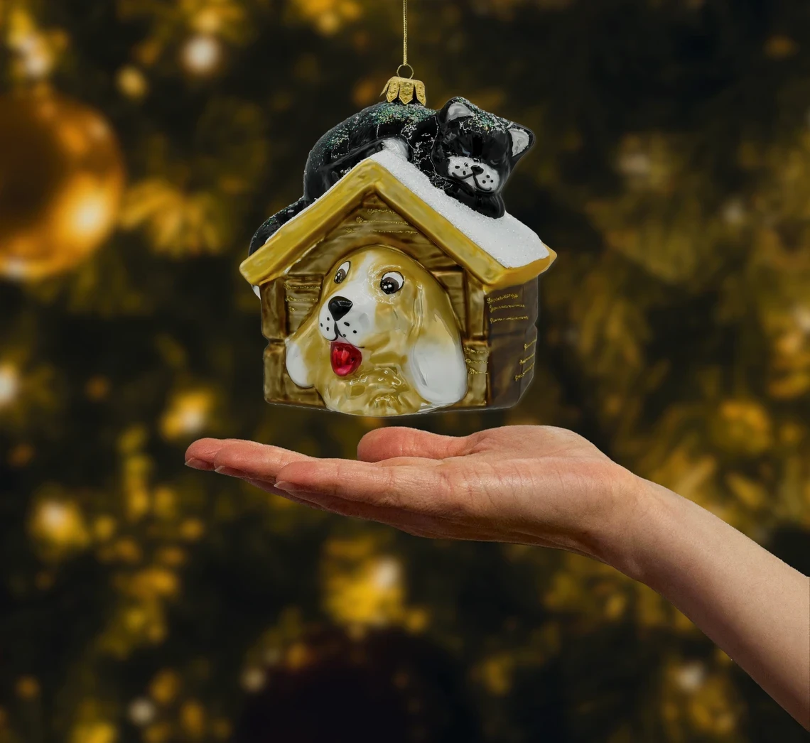Bombka szklana figurka Pies i kot w budzie: brązowy realne zdjęcie