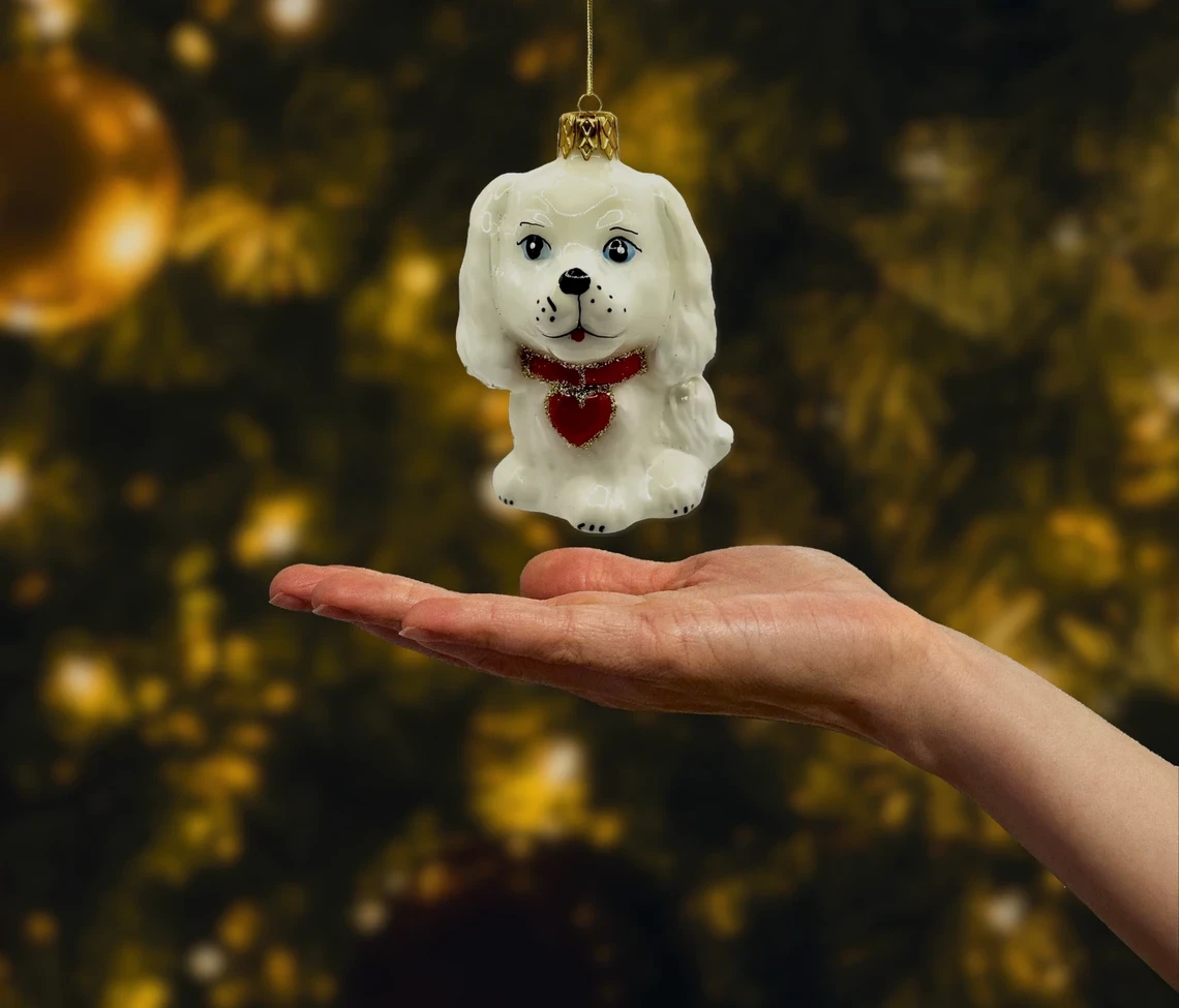 Bombka szklana figurka Piesek z kokardką: beżowy realne zdjęcie