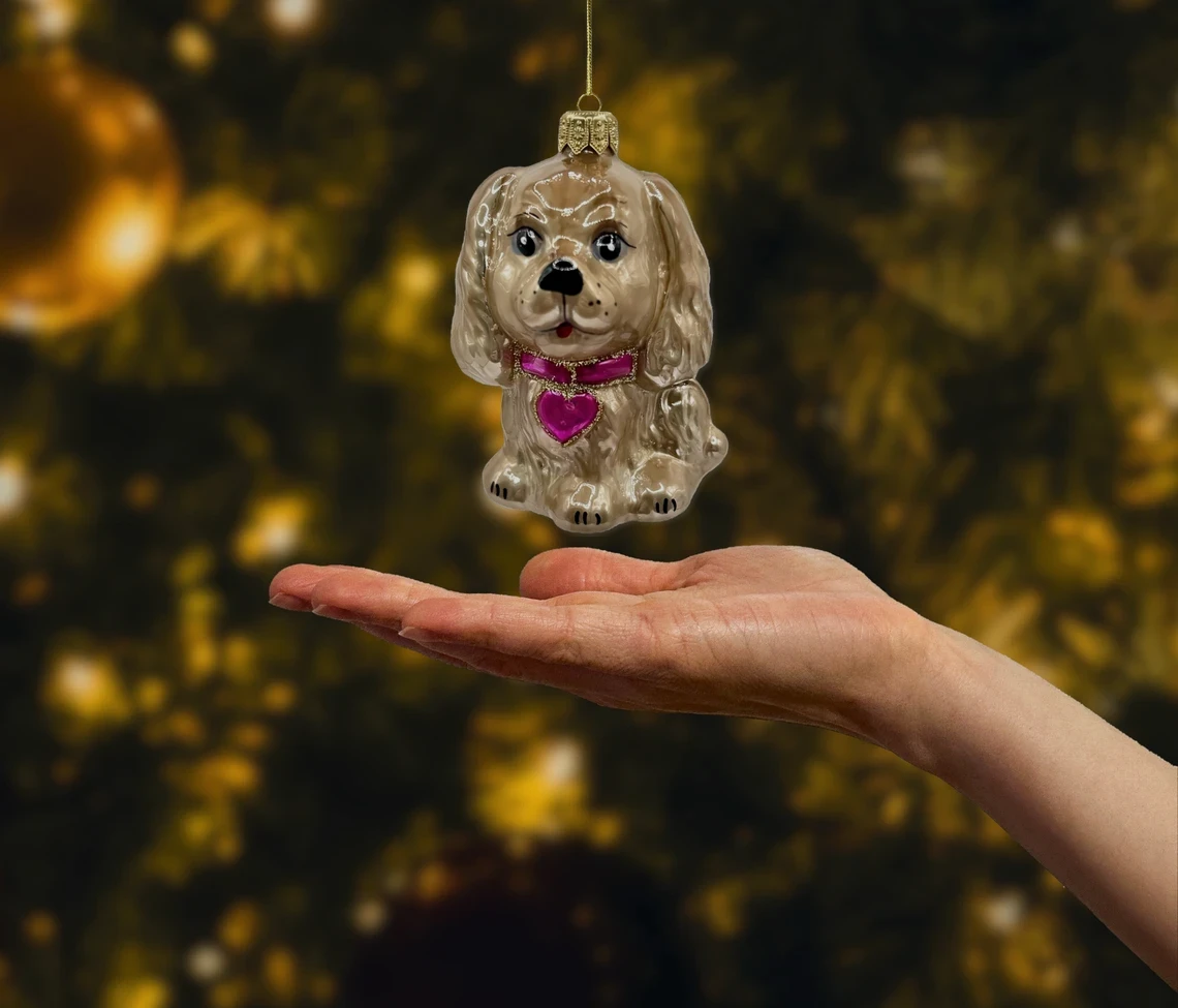 Bombka szklana figurka Piesek z kokardką: brązowy realne zdjęcie