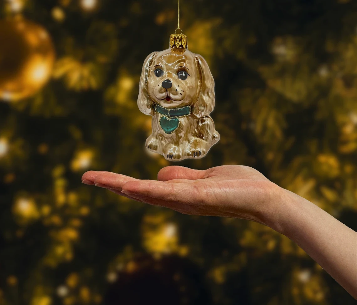 Bombka szklana figurka Piesek z kokardką: ciemnozłoty realne zdjęcie