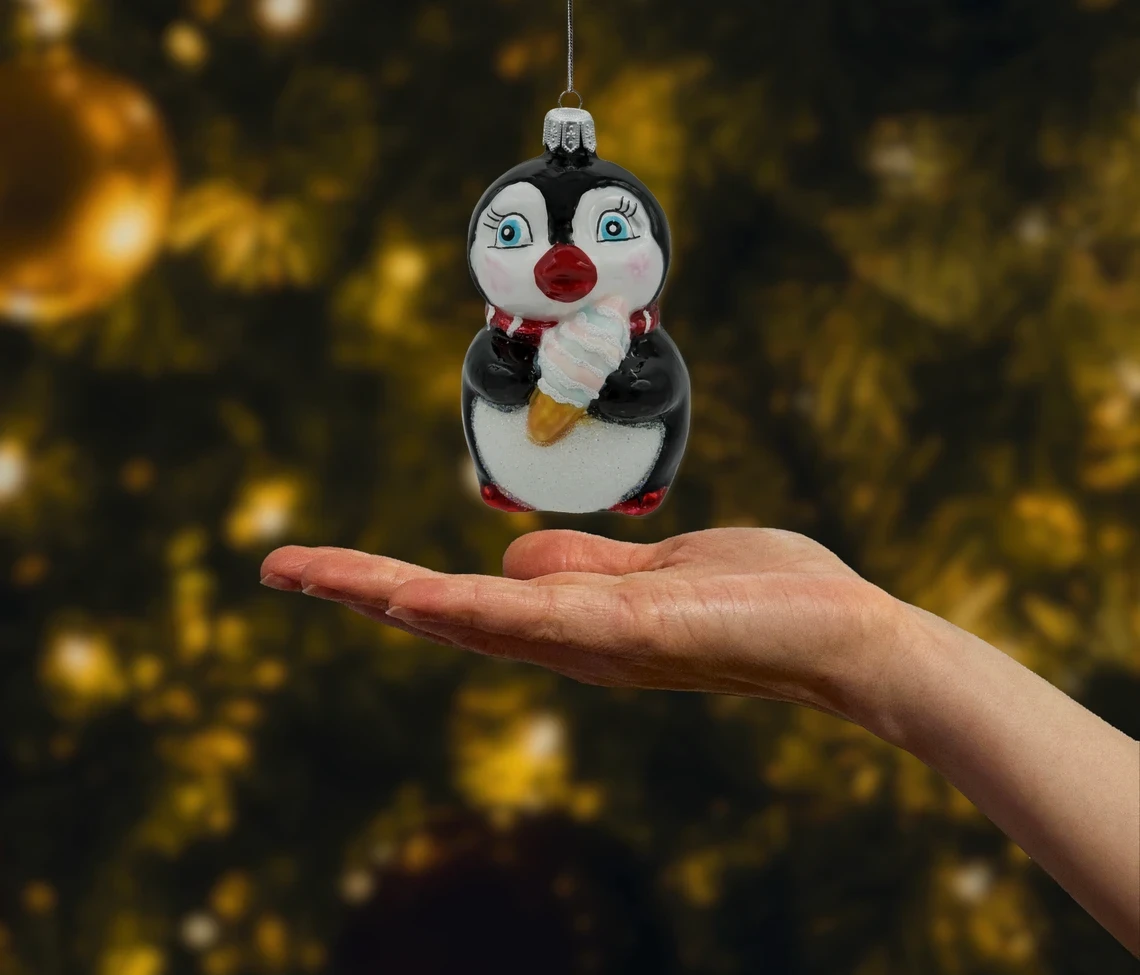 Bombka szklana figurka Pingwin z lodami realne zdjęcie