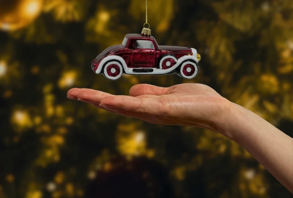 Bombka szklana figurka Retro samochód: bordowy realne zdjęcie