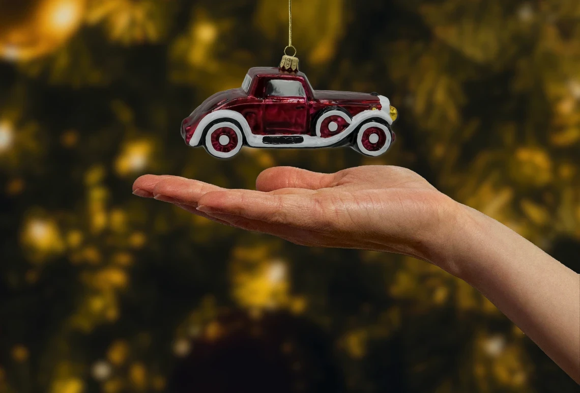 Bombka szklana figurka Retro samochód: bordowy realne zdjęcie
