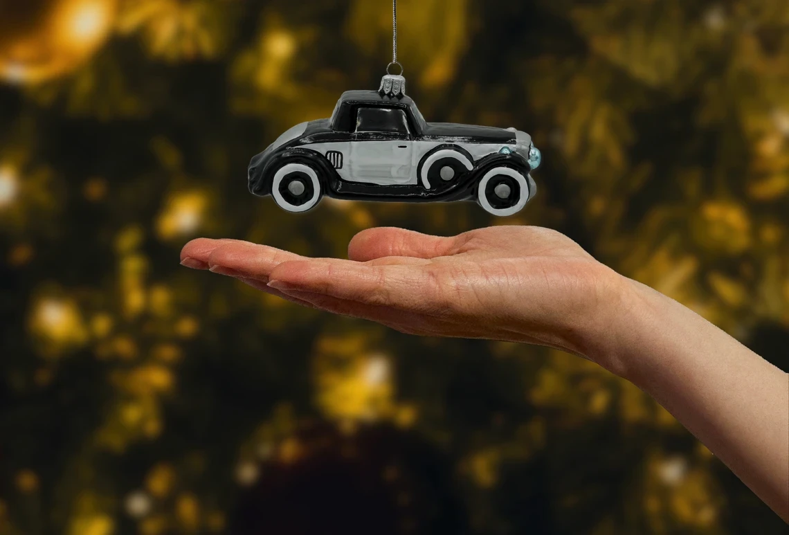 Bombka szklana figurka Retro samochód: czarny realne zdjęcie