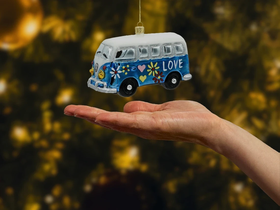 Bombka szklana figurka Samochód van hippie: niebieski realne zdjęcie