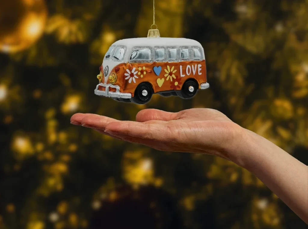 Bombka szklana figurka Samochód van hippie: pomarańczowy realne zdjęcie