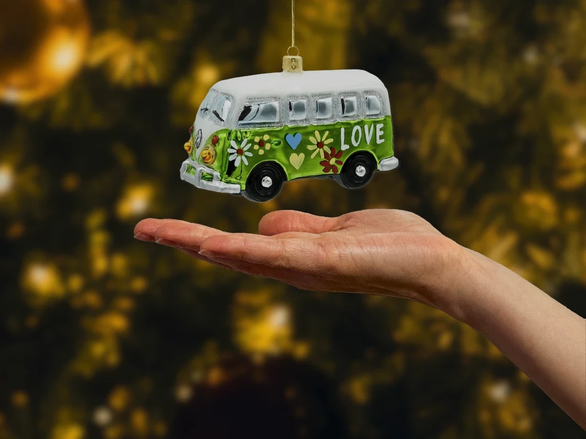Bombka szklana figurka Samochód van hippie: zielony realne zdjęcie