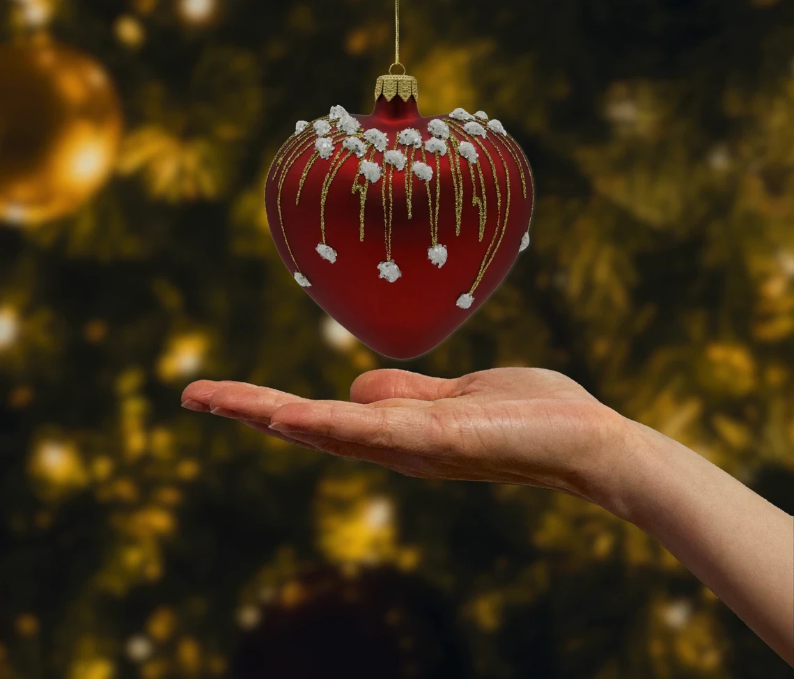 Bombka szklana figurka Serce matowe z brokatem: czerwone realne zdjęcie