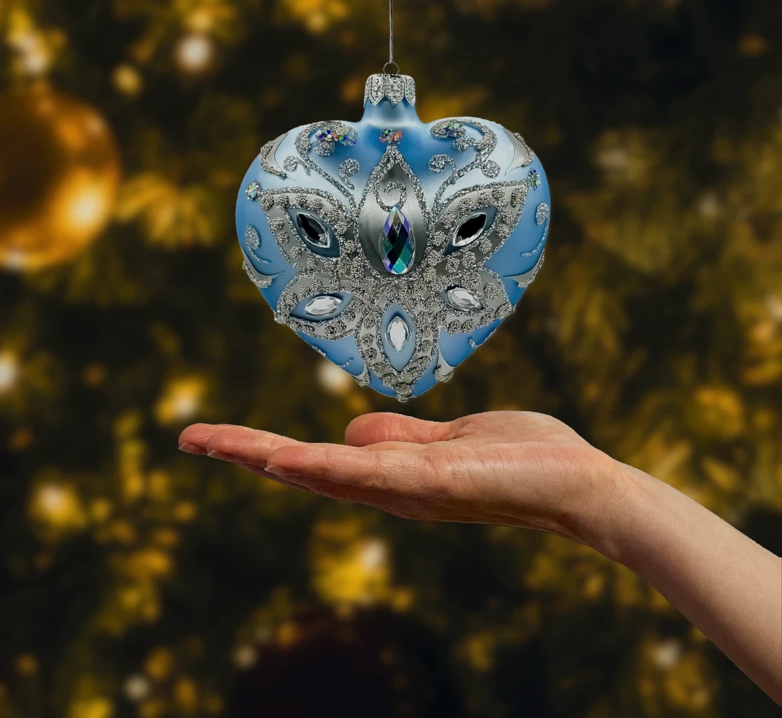 Bombka szklana figurka Serce z ozdobnymi kamieniami: niebieskie realne zdjęcie