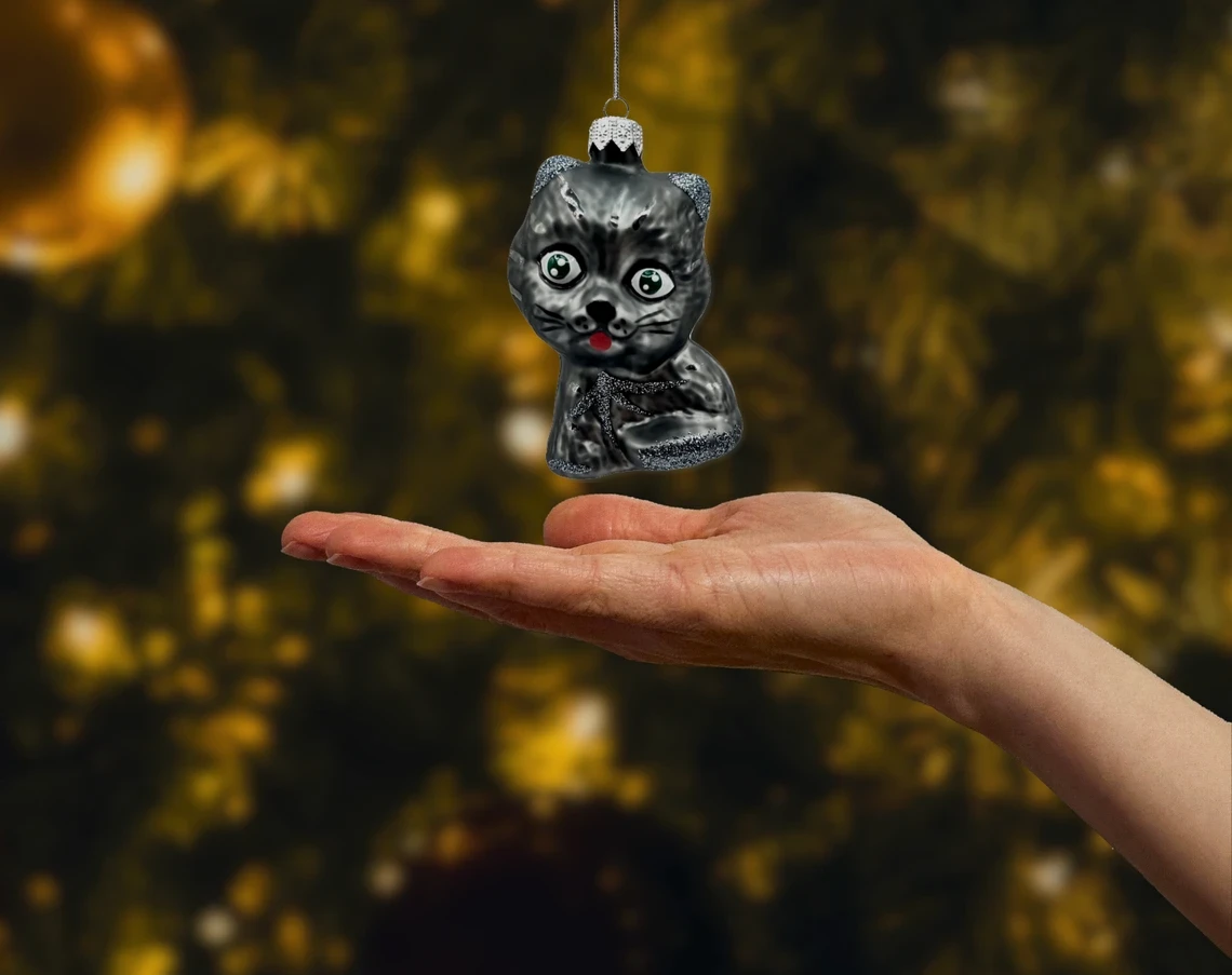 Bombka szklana figurka Słodki kotek z brokatem: szary realne zdjęcie