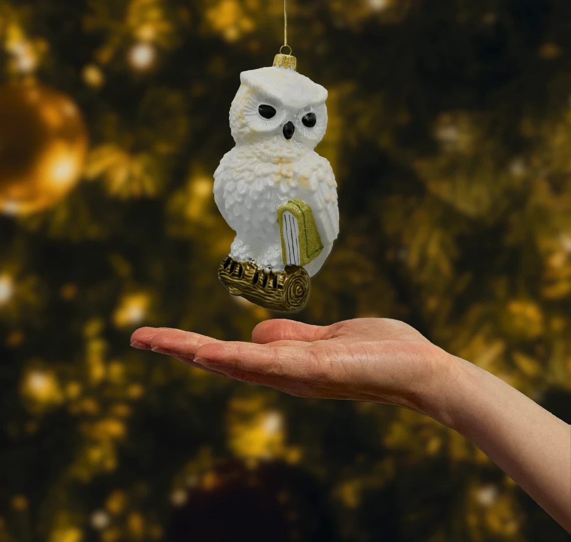 Bombka szklana figurka Sowa z księgą: biała realne zdjęcie
