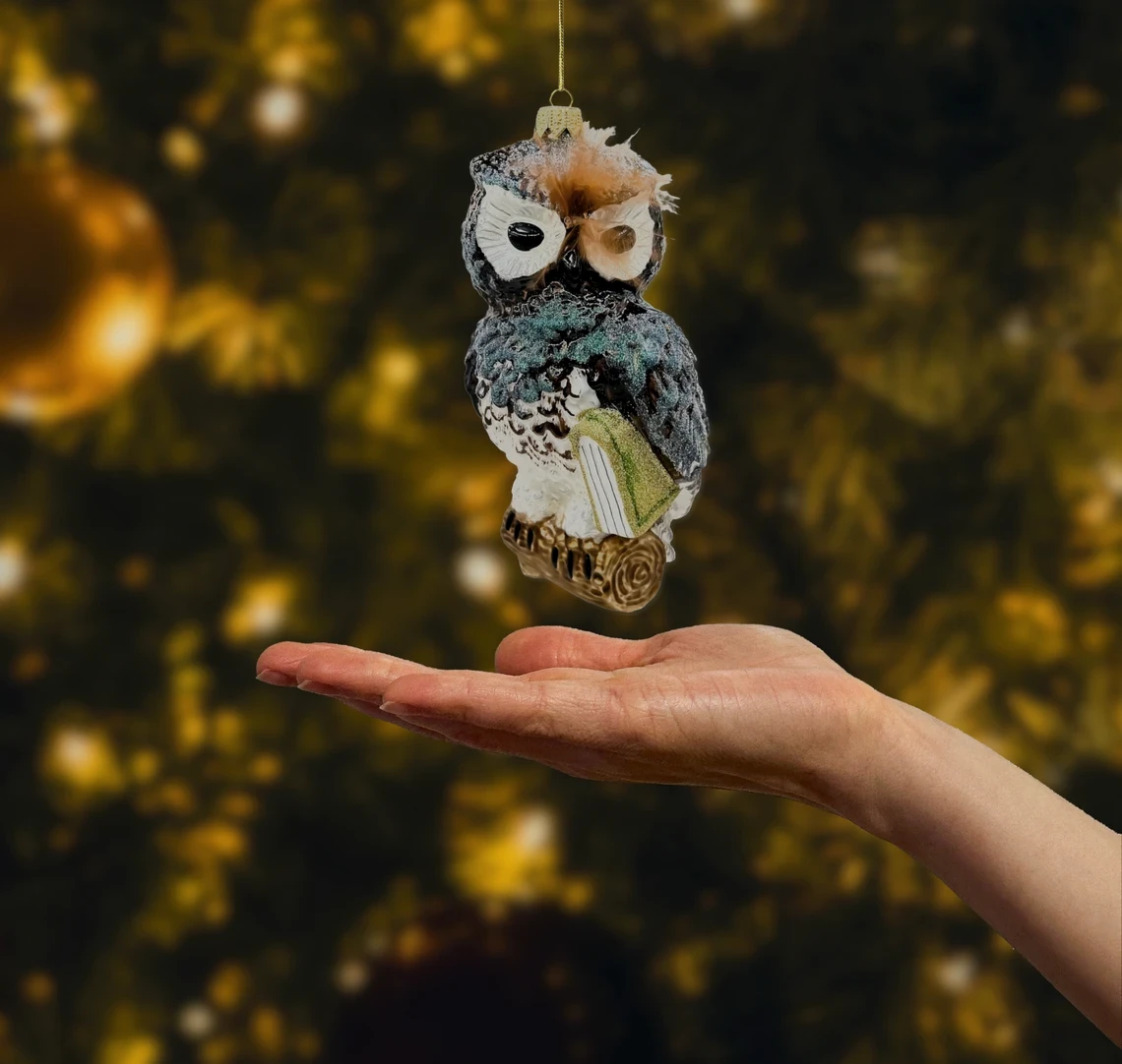 Bombka szklana figurka Sowa z księgą: brązowa realne zdjęcie