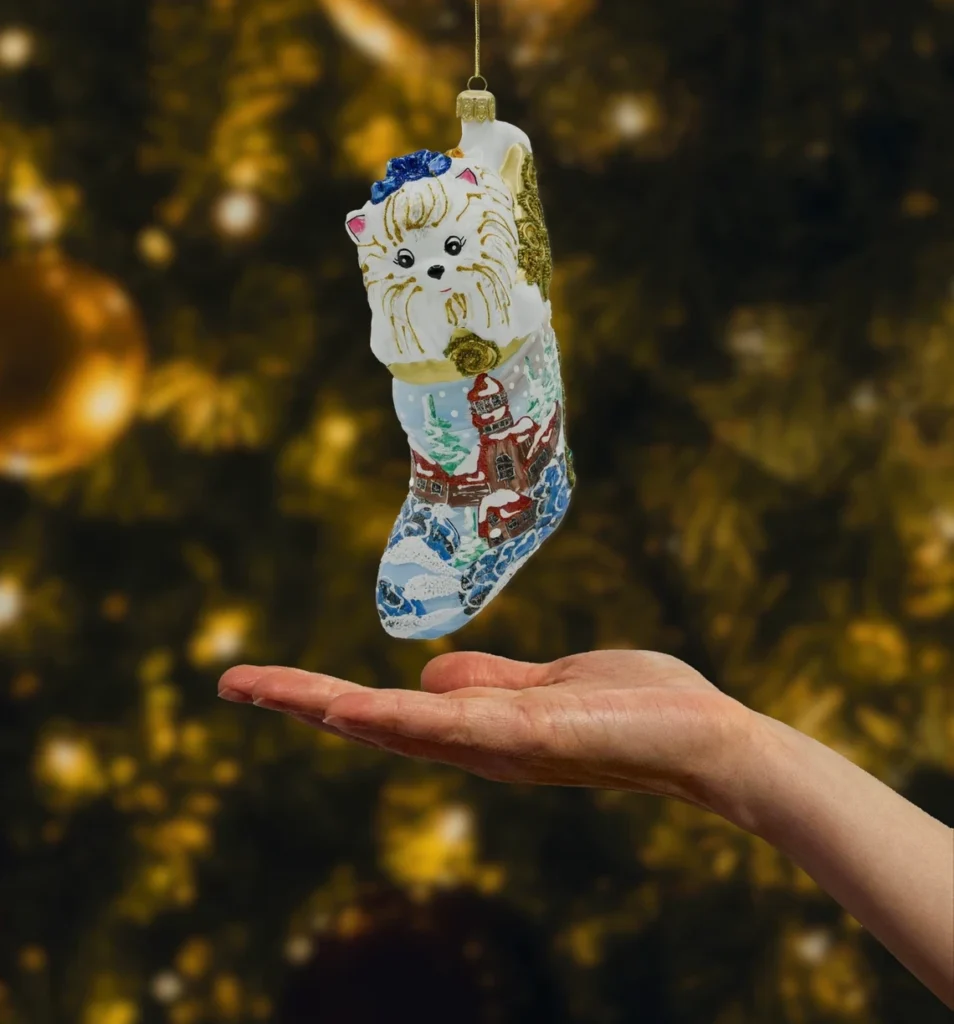 Bombka szklana figurka Świąteczna skarpeta z pieskiem realne zdjęcie