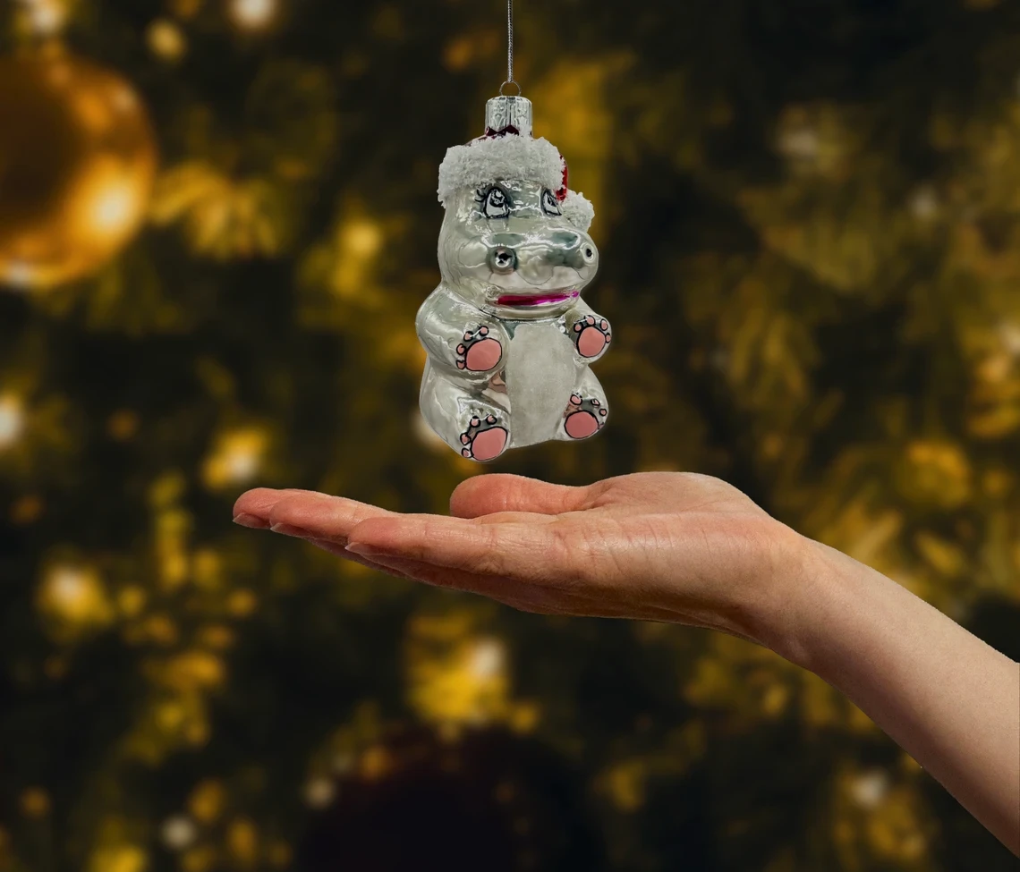 Bombka szklana figurka Świąteczny hipopotam realne zdjęcie