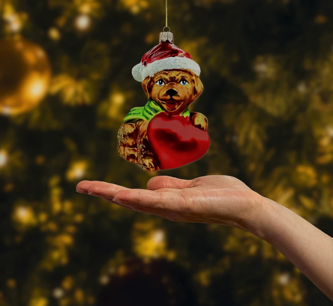 Bombka szklana figurka Świąteczny piesek z sercem realne zdjęcie