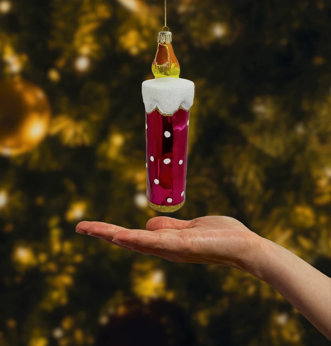 Bombka szklana figurka Świeca świąteczna z płomieniem realne zdjęcie