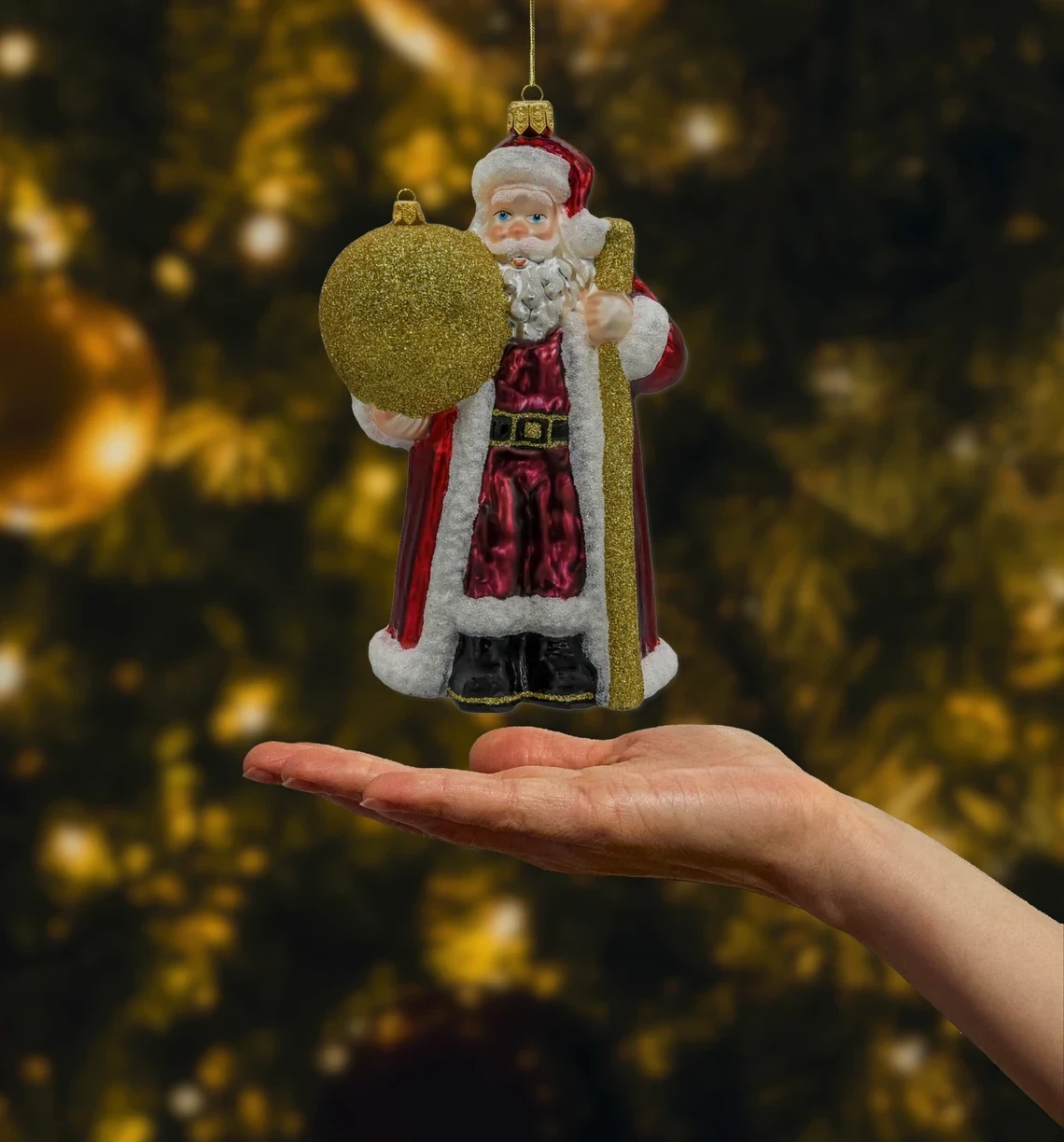 Bombka szklana Święty Mikołaj ze złotą bombką realne zdjęcie