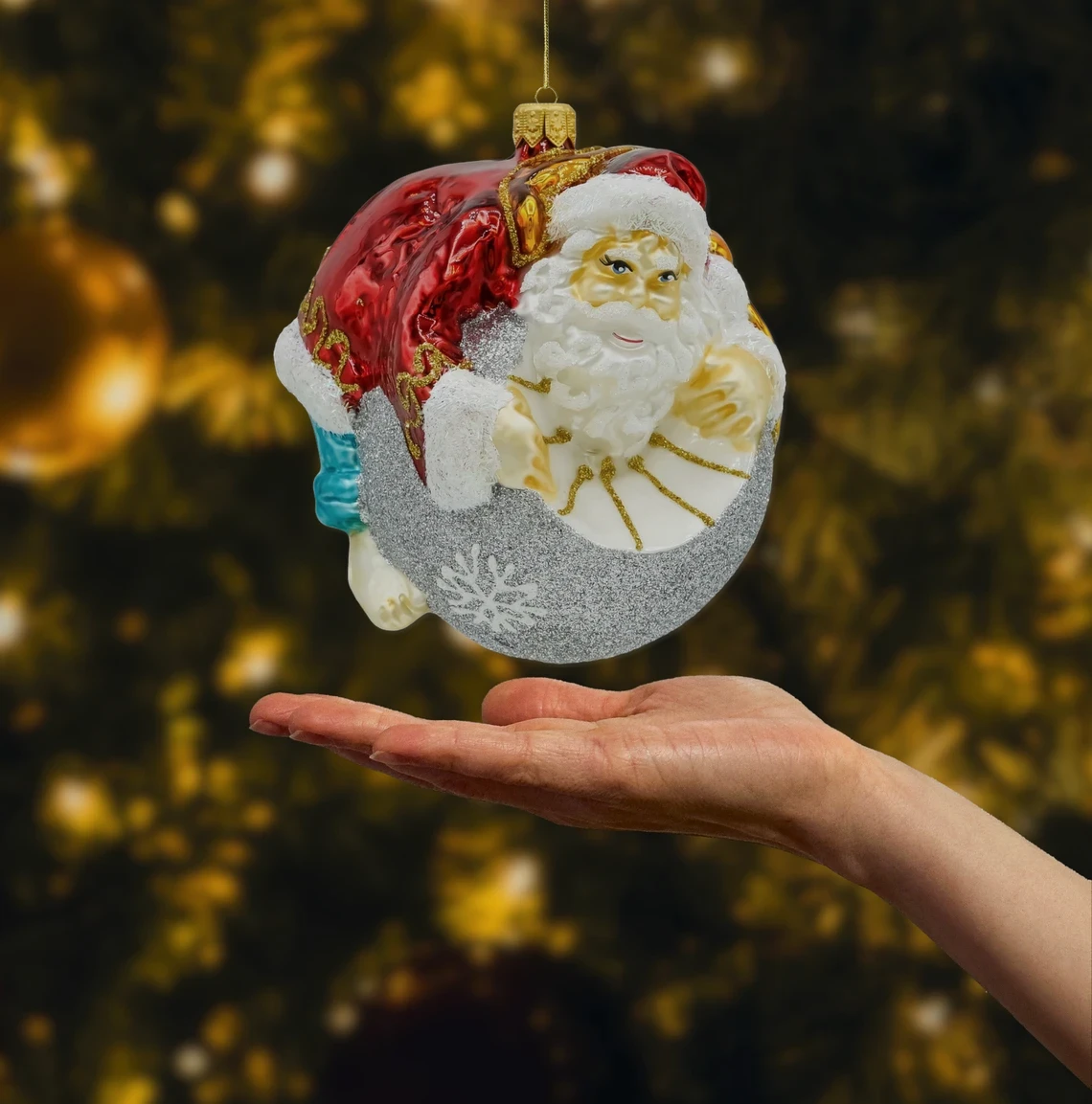 Bombka szklana figurka Święty Mikołaj na bombce: srebrny realne zdjęcie