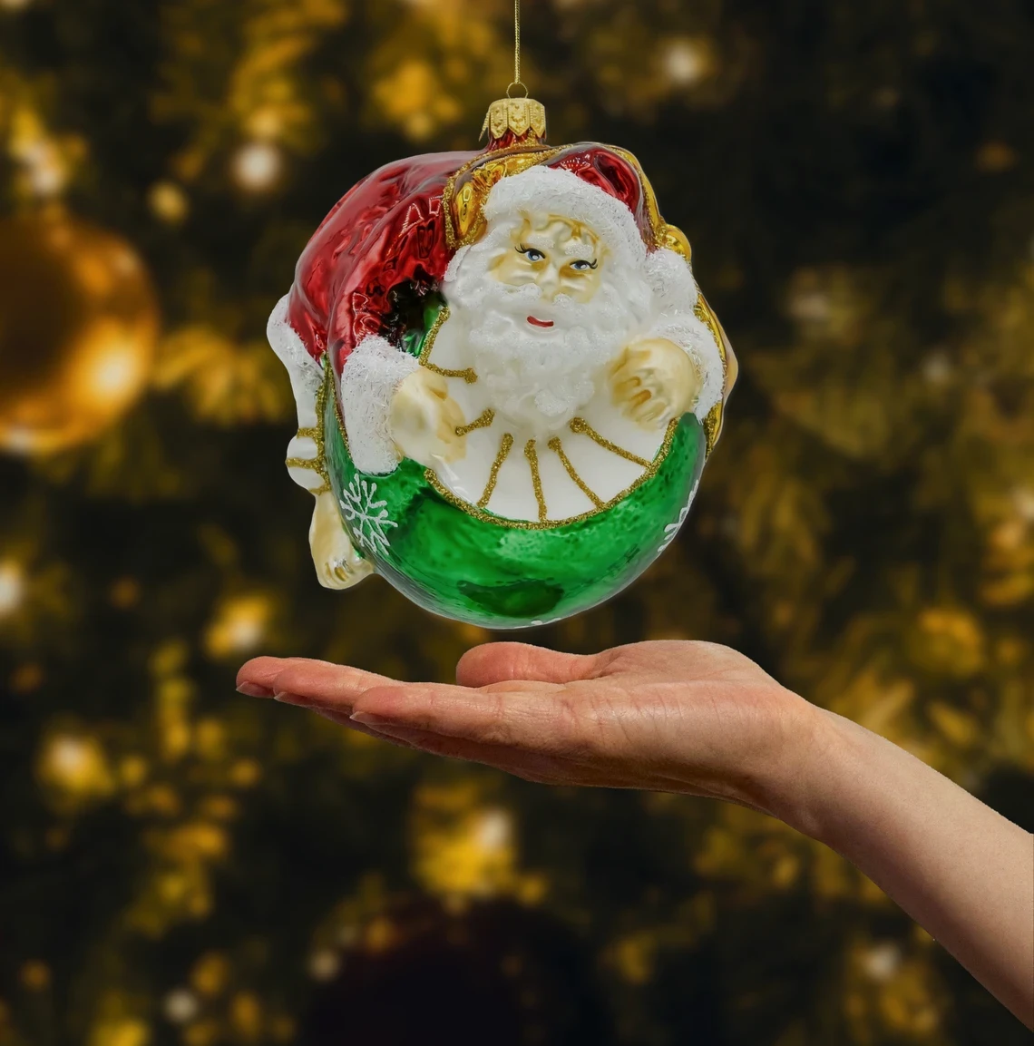Bombka szklana figurka Święty Mikołaj na bombce: zielony realne zdjęcie