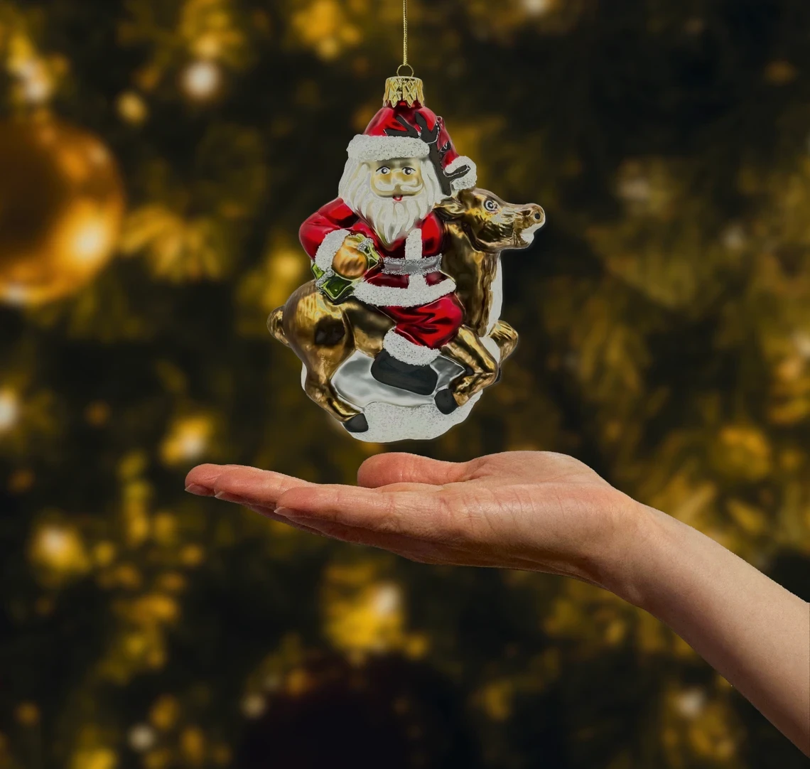 Bombka szklana figurka Święty Mikołaj na Reniferze realne zdjęcie