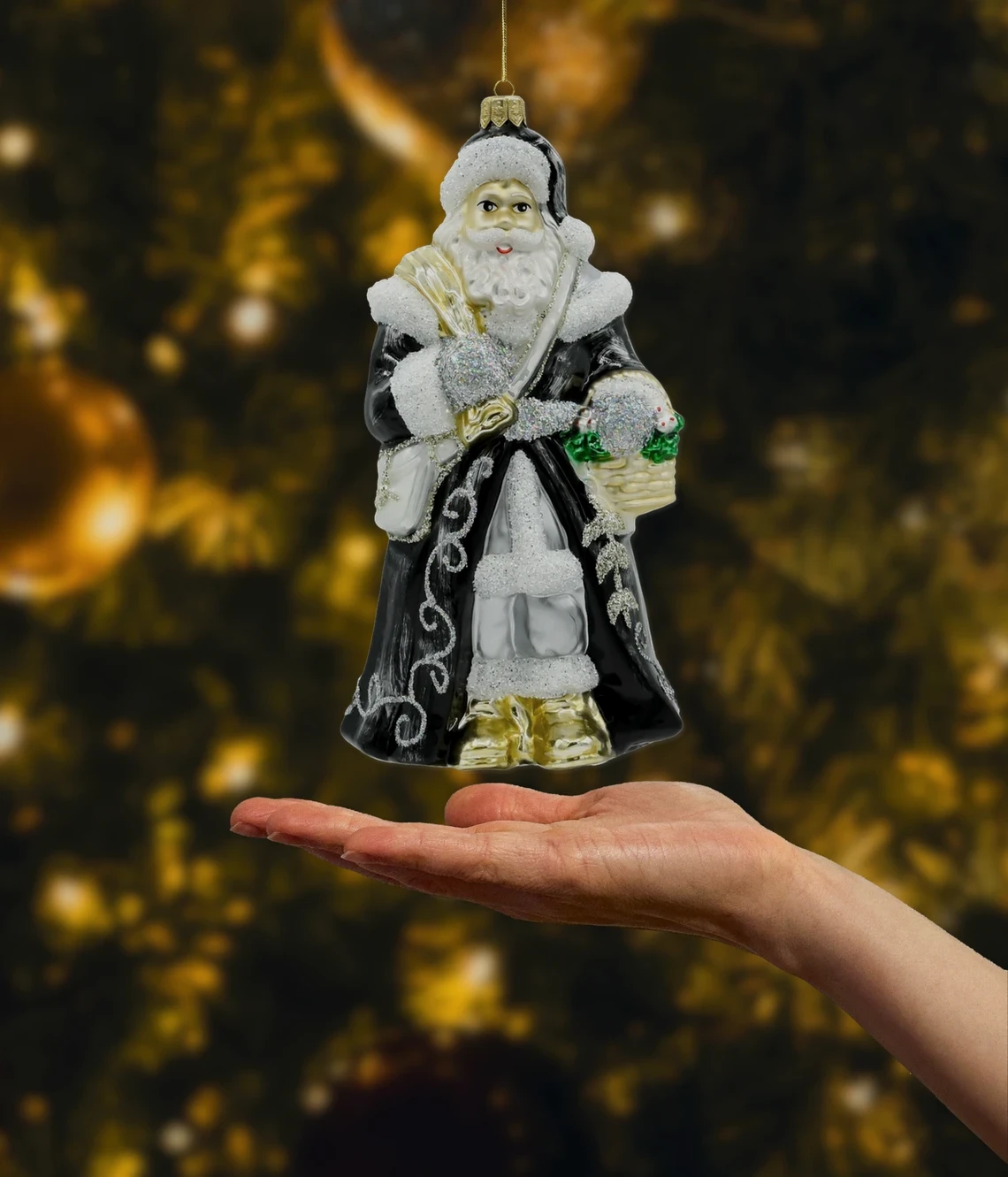 Bombka szklana figurka Święty Mikołaj w czarnej szacie realne zdjęcie