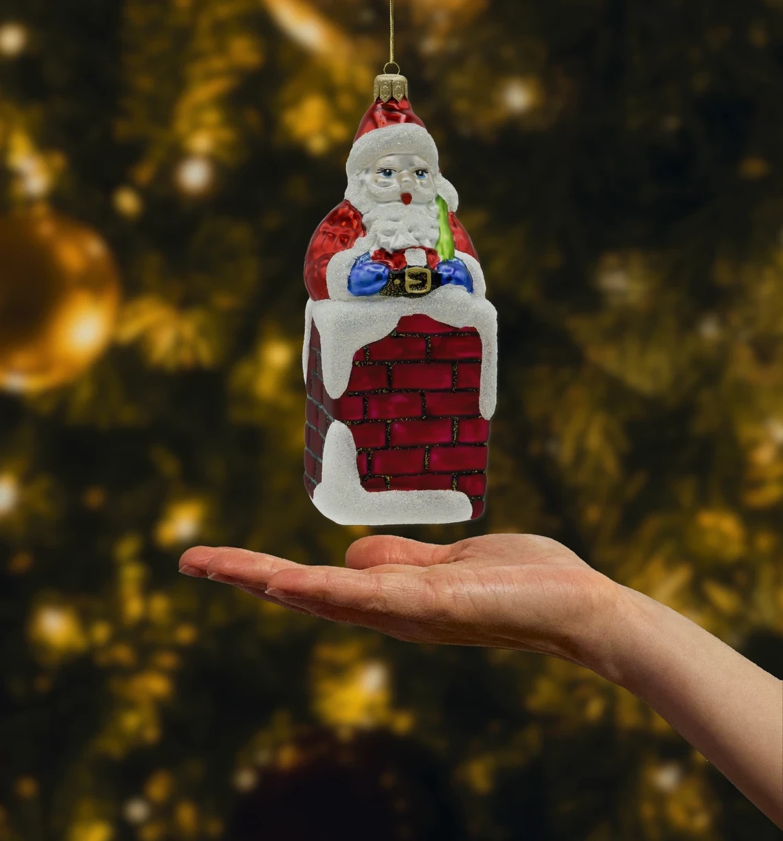 Bombka szklana figurka Święty Mikołaj w kominie: czerwony realne zdjęcie