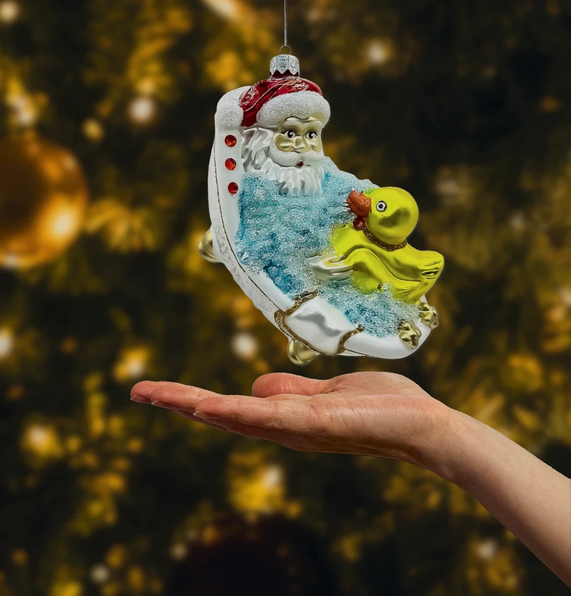 Bombka szklana figurka Święty Mikołaj w wannie z kaczuszką realne zdjęcie