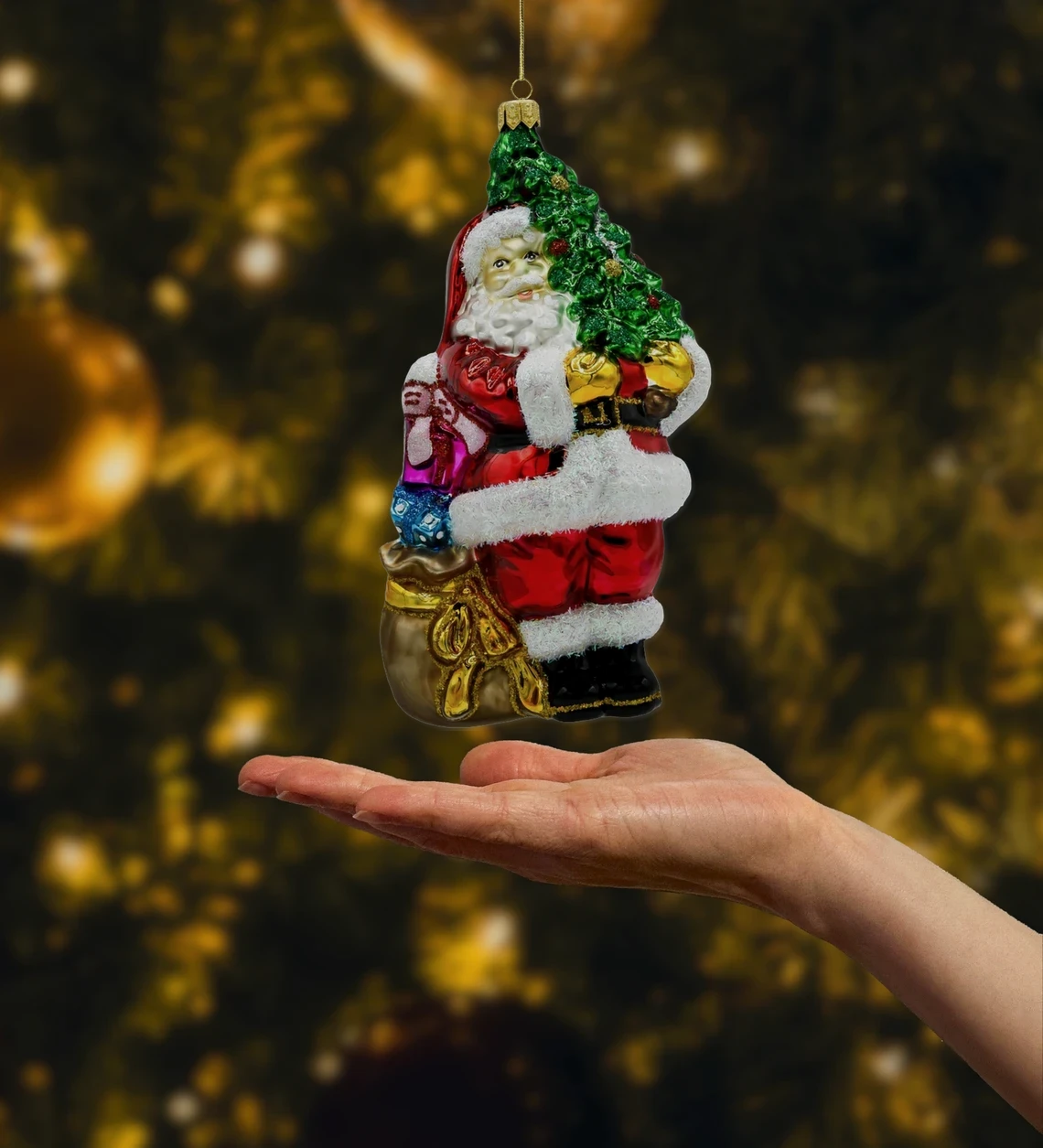 Bombka szklana figurka Święty Mikołaj z ciemnozieloną choinką realne zdjęcie