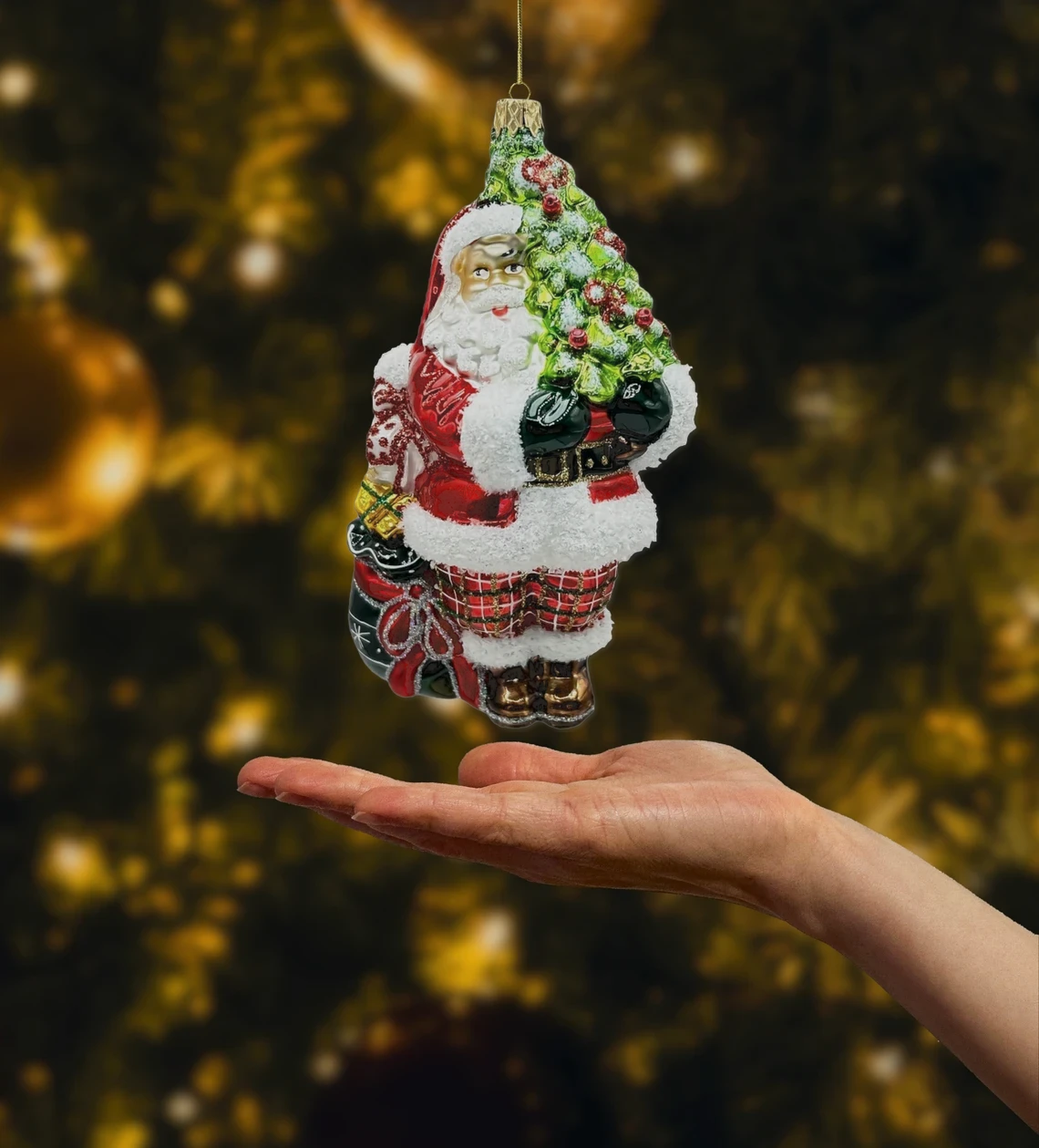 Bombka szklana figurka Święty Mikołaj z jasnozieloną choinką realne zdjęcie