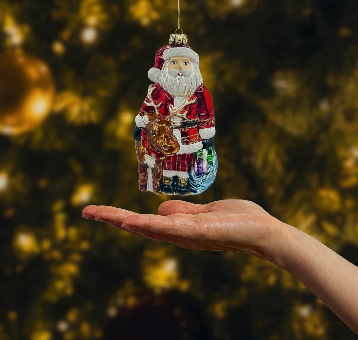 Bombka szklana figurka Święty Mikołaj z Reniferem realne zdjęcie