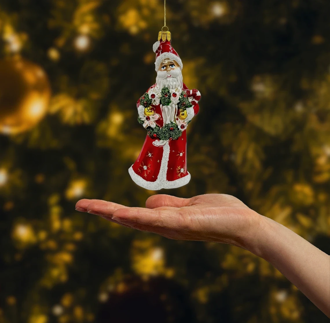 Bombka szklana figurka Święty Mikołaj z wieńcem świątecznym realne zdjęcie