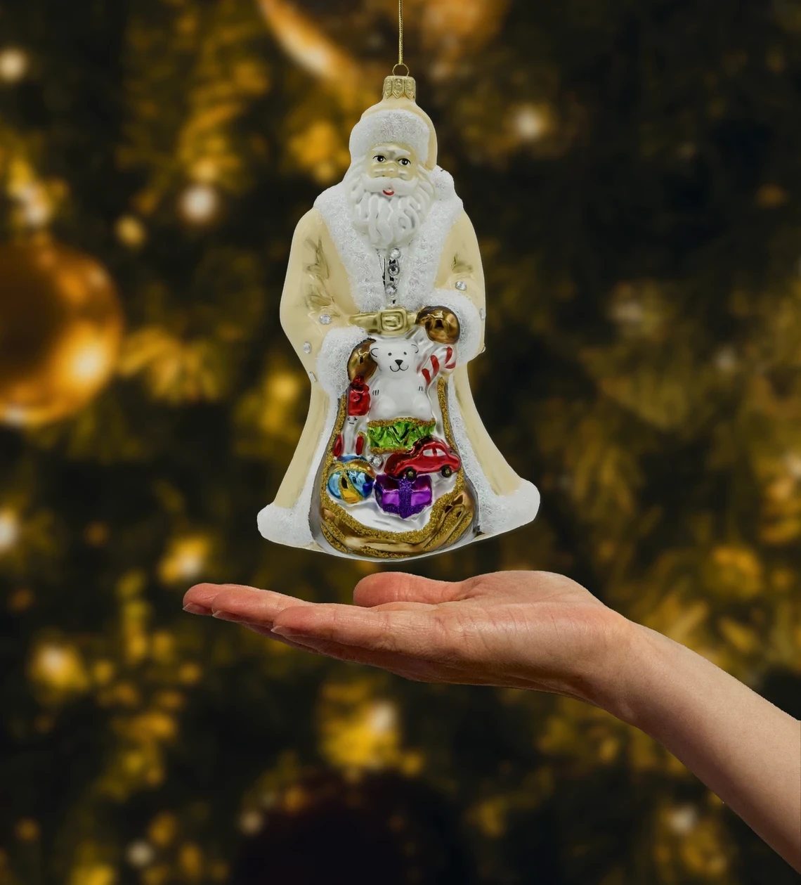 Bombka szklana figurka Święty Mikołaj z workiem prezentów: kremowy realne zdjęcie