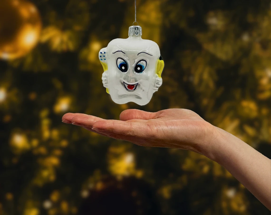 Bombka szklana figurka Uśmiechnięty ząbek z pastą i szczoteczką: żółty realne zdjęcie