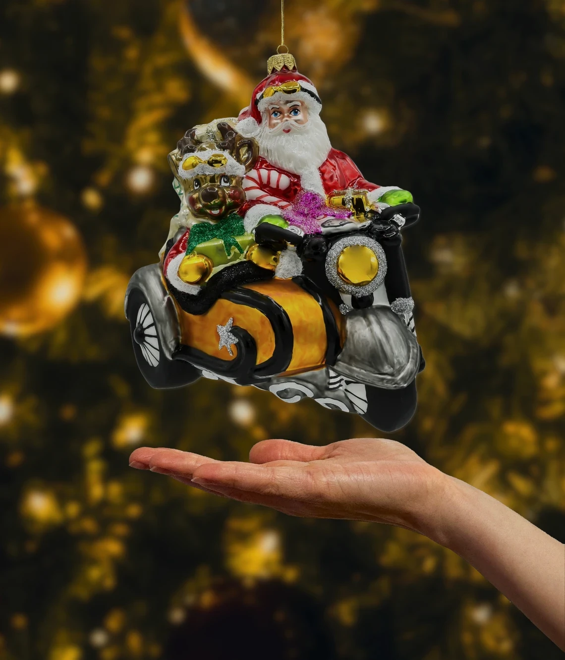 Bombka szklana figurka Wielki Święty Mikołaj na motocyklu z reniferem realne zdjęcie