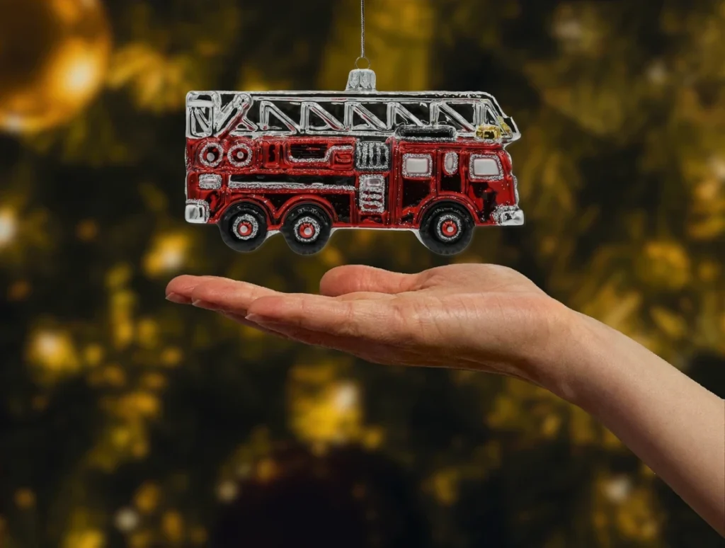 Bombka szklana figurka Wielki wóz strażacki z drabiną realne zdjęcie