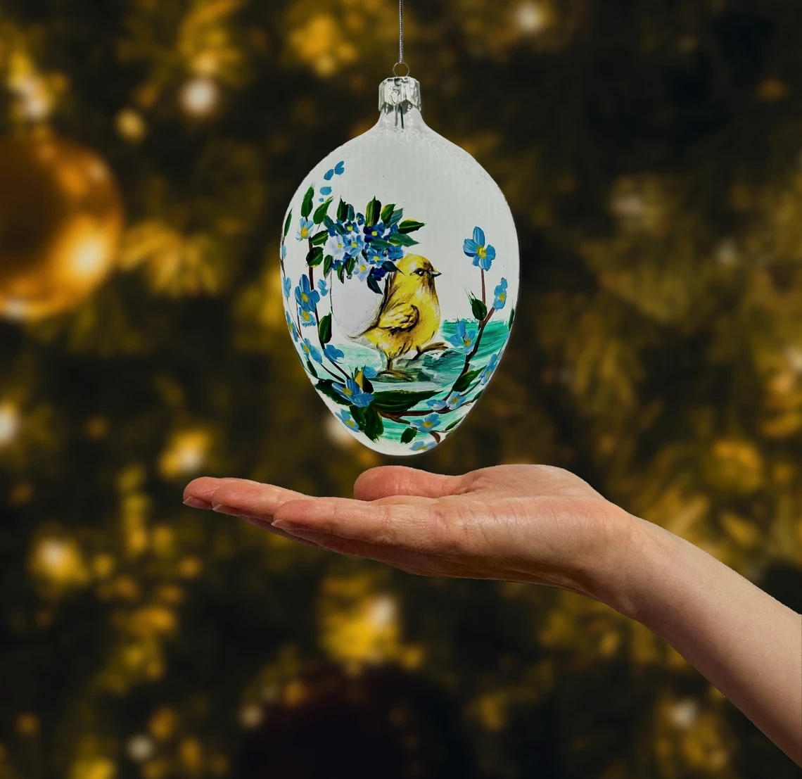 Bombka szklana figurka Wiosenna z ptaszkiem realne zdjęcie