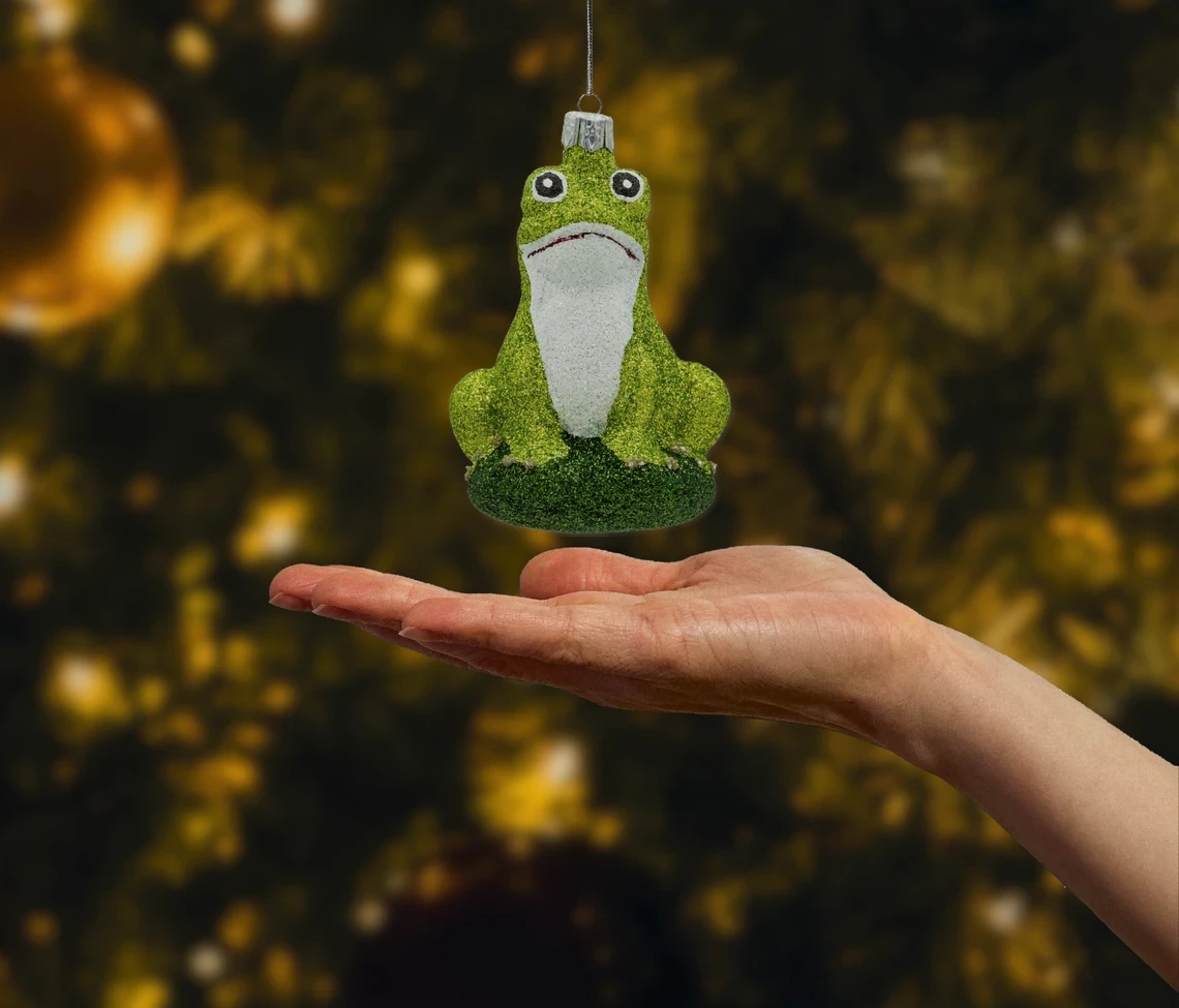 Bombka szklana figurka Żaba na liściu: brokatowa realne zdjęcie