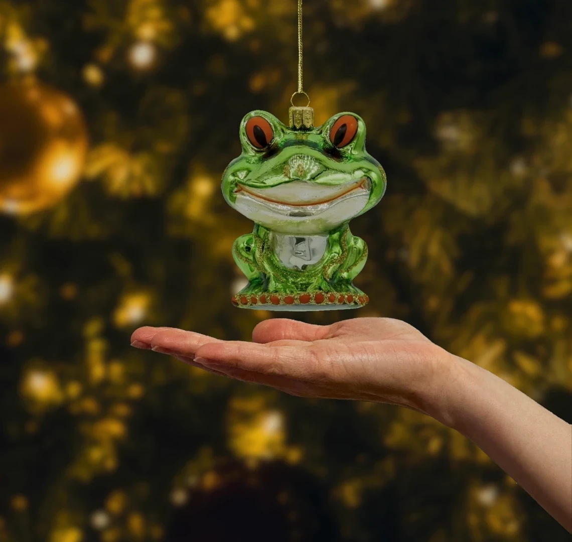 Bombka szklana figurka Żaba z uśmiechem realne zdjęcie