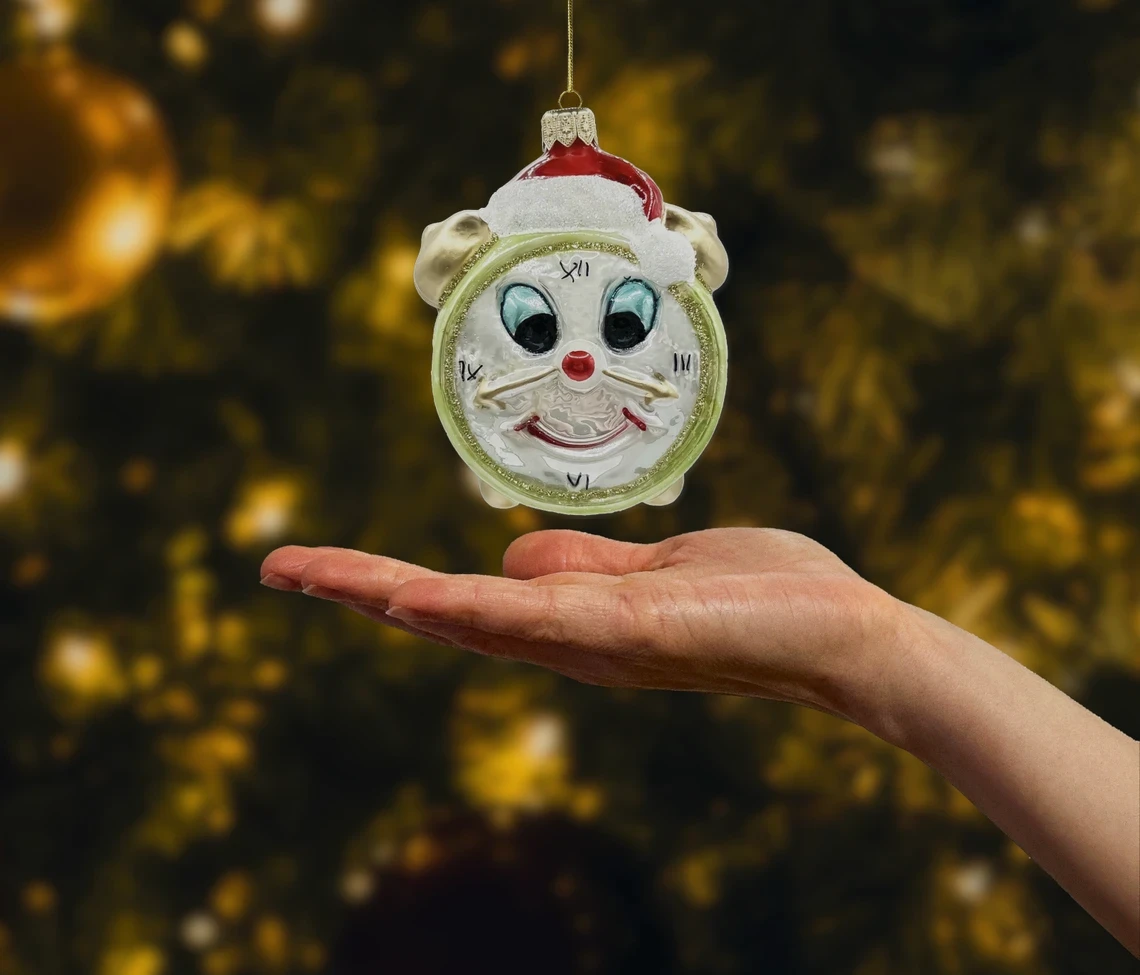 Bombka szklana figurka Zegar z czapką Mikołaja: jasnozielony realne zdjęcie