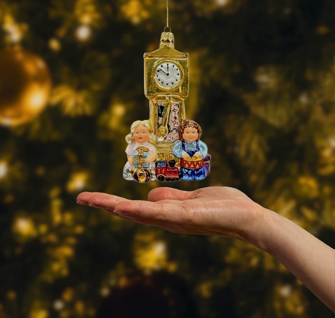 Bombka szklana figurka Zegar z dziećmi i zabawkami realne zdjęcie