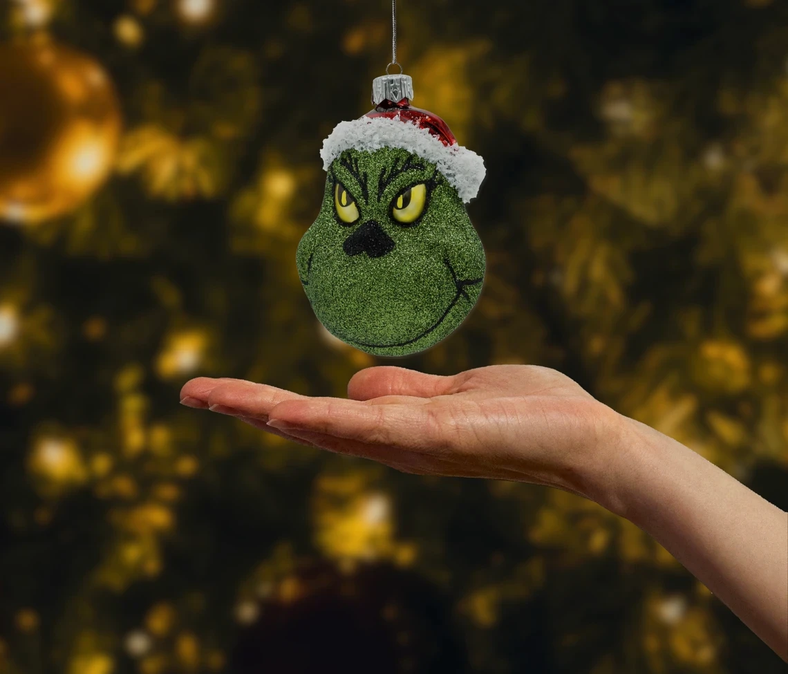 Bombka szklana figurka Zielony stwór Grinch w czapce Mikołaja: brokatowy realne zdjęcie