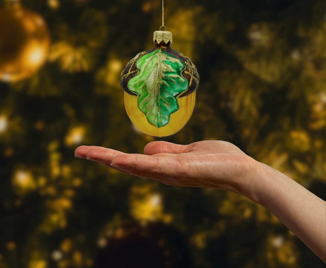 Bombka szklana figurka Żołądź z liściem realne zdjęcie