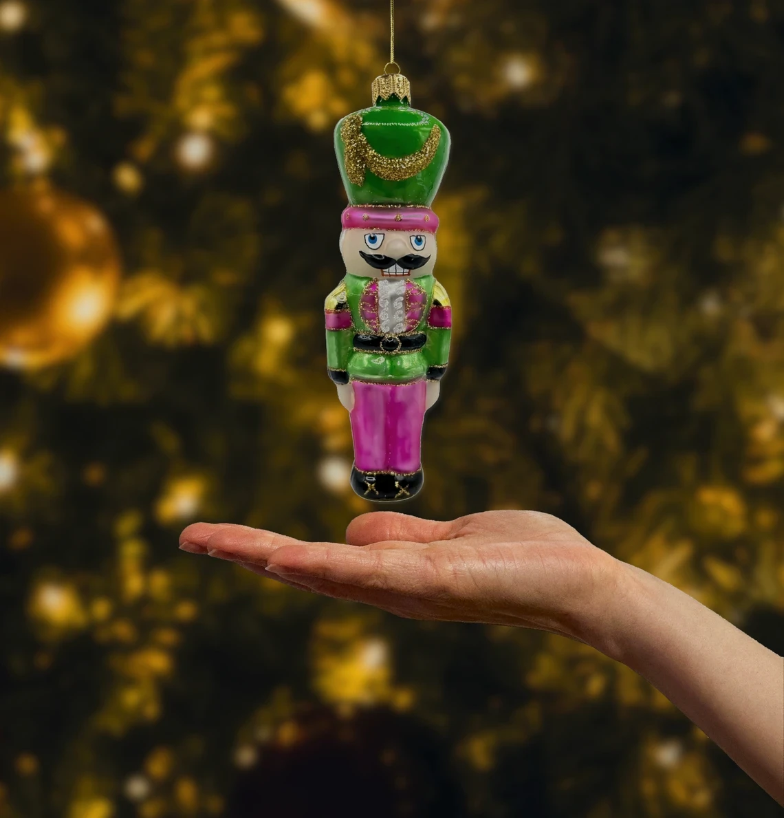 Bombka szklana figurka Żołnierz Dziadek do Orzechów: zielono-różowy realne zdjęcie